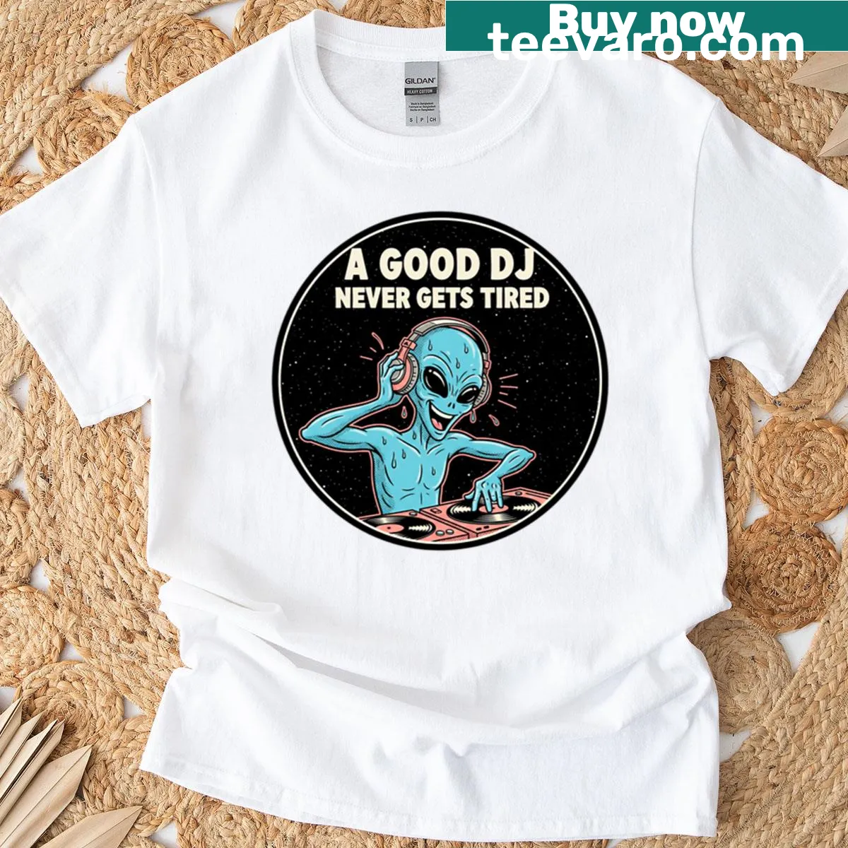 Funny oversized t-shirt for DJs with humorous text — on a men's t-shirt