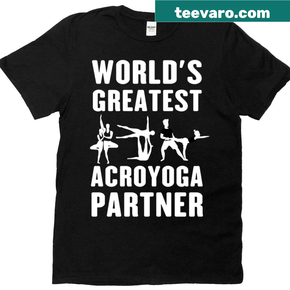 Funny acroyoga t-shirt illustrating partner strength and humor — on a men's t-shirt