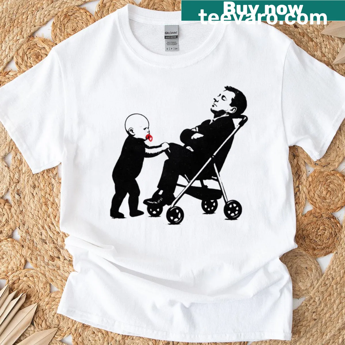 Cartoonish baby pushing dad in a stroller, humorous graphic. — on a men's t-shirt