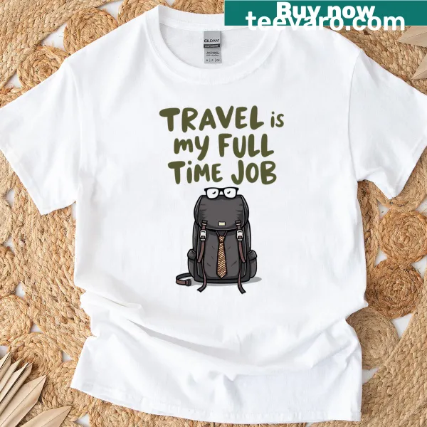 Illustrative travel t-shirt with backpack and glasses design.