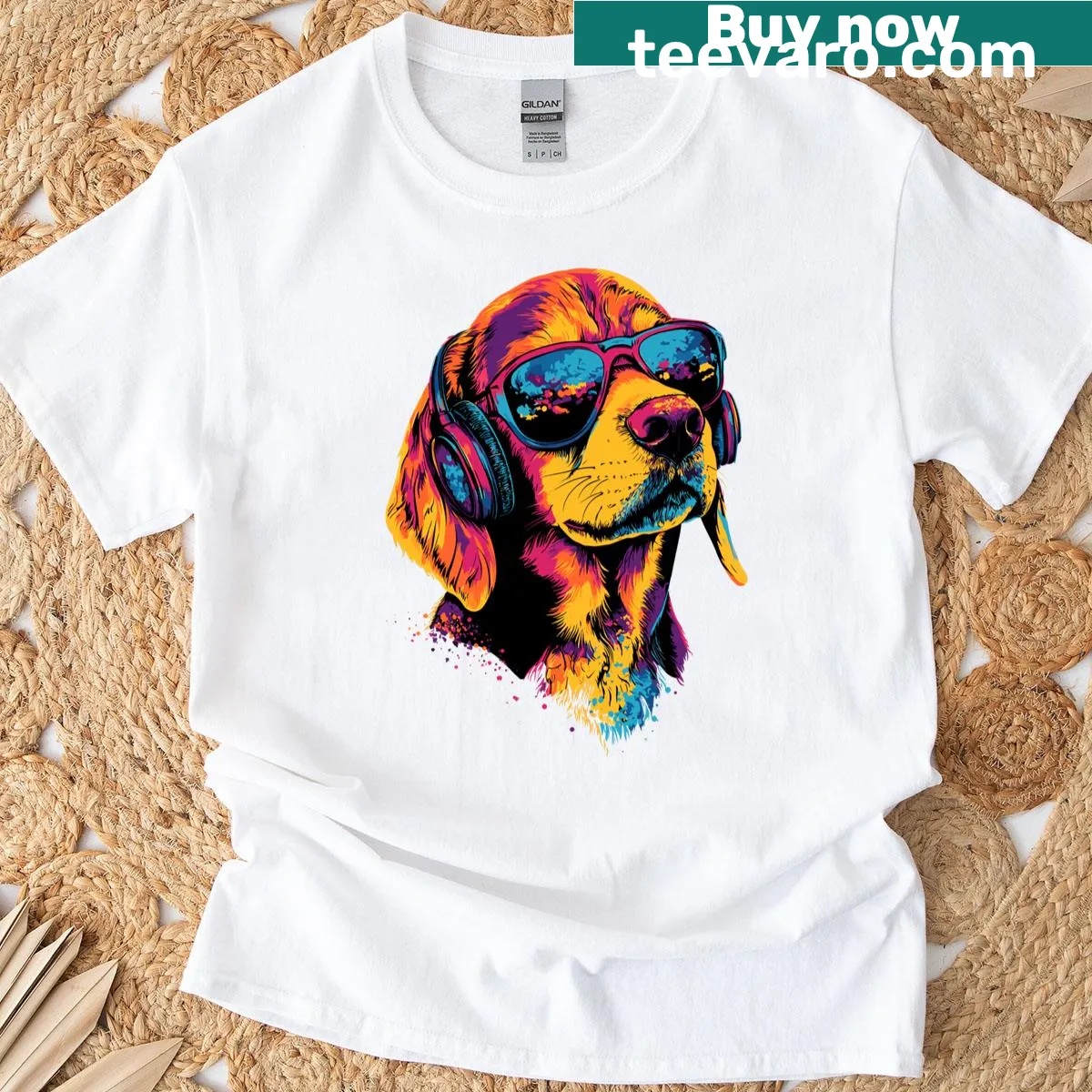 Cute beagle with sunglasses graphic on a T-shirt — on a men's t-shirt