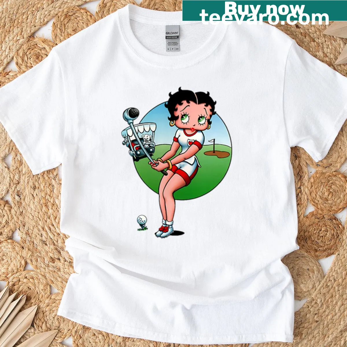 Oversized t-shirt with Betty Boop cartoon character ready to golf — on a men's t-shirt