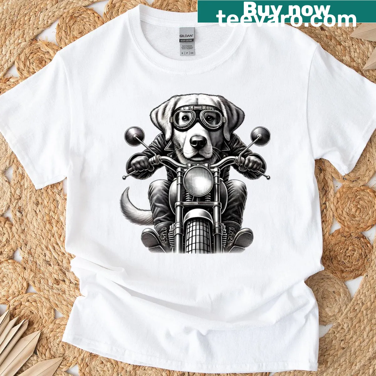 Cool labrador riding a motorcycle graphic on T-shirt — on a men's t-shirt