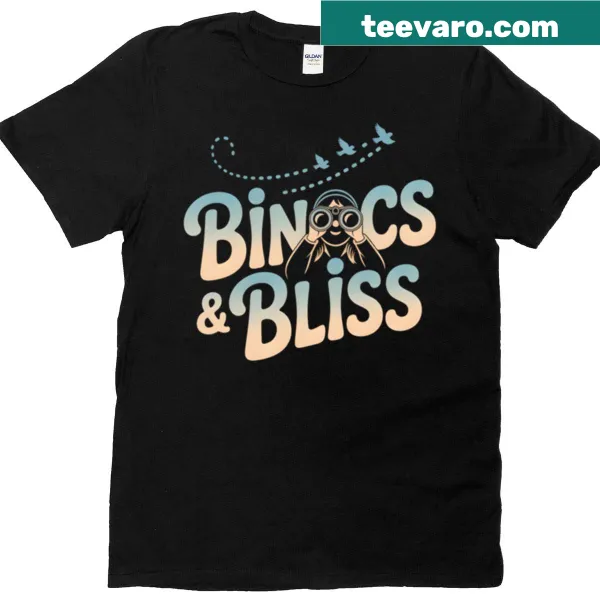 Illustrated binoculars and birds on a nature-themed T-shirt