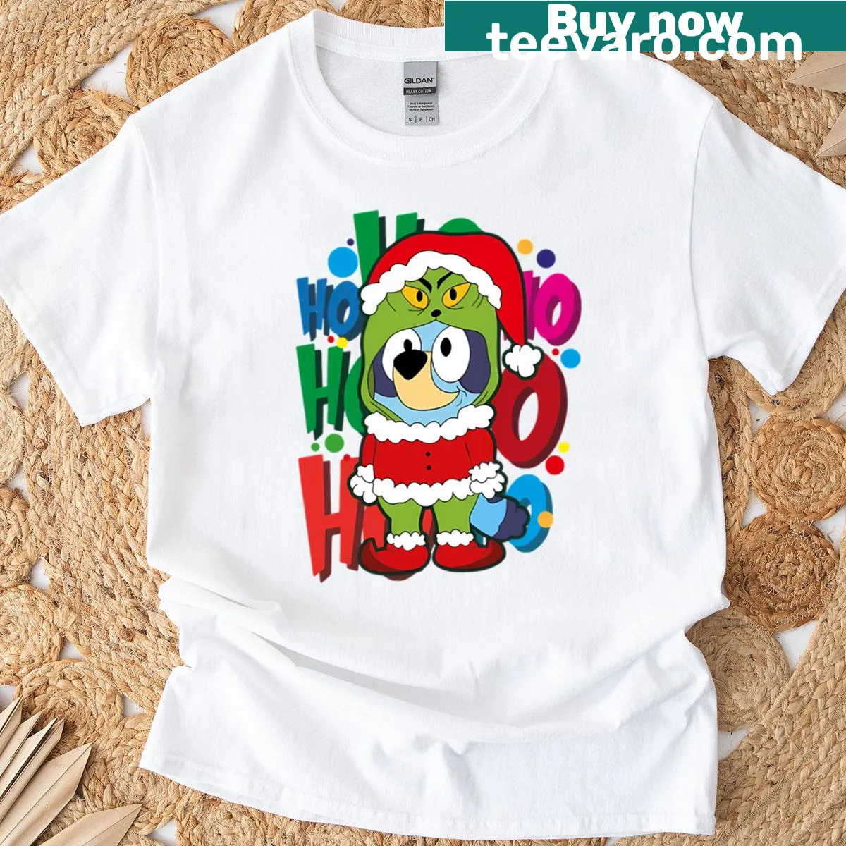 Christmas T-shirt featuring Bluey and Grinch-style Santa — on a men's t-shirt