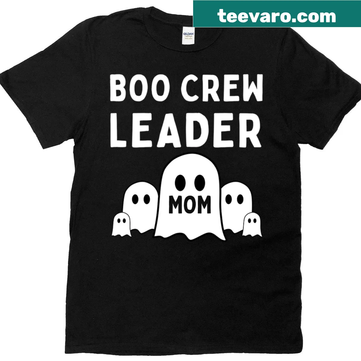 Cute Halloween T-shirt with cartoon ghosts and 'Boo Crew Leader Mom' text — on a men's t-shirt
