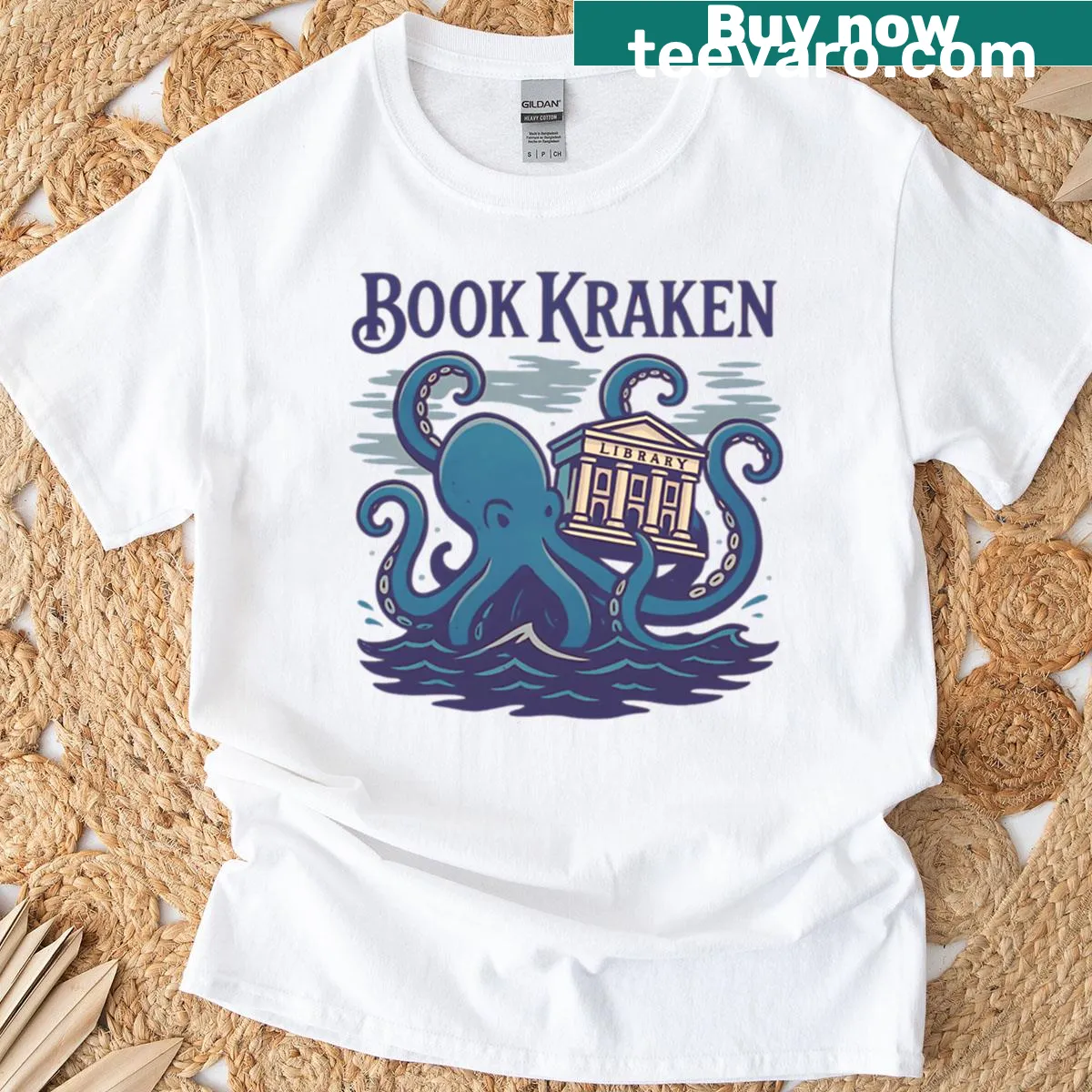 Funny T-shirt featuring a kraken in a library setting — on a men's t-shirt