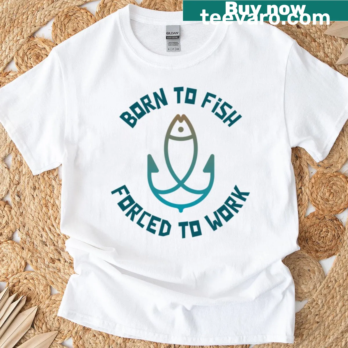 Humorous fishing shirt with 'Born To Fish Forced To Work' design — on a men's t-shirt