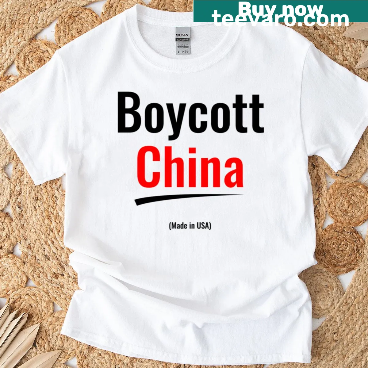 Oversized T-shirt with 'Boycott China, Made in USA' text — on a men's t-shirt