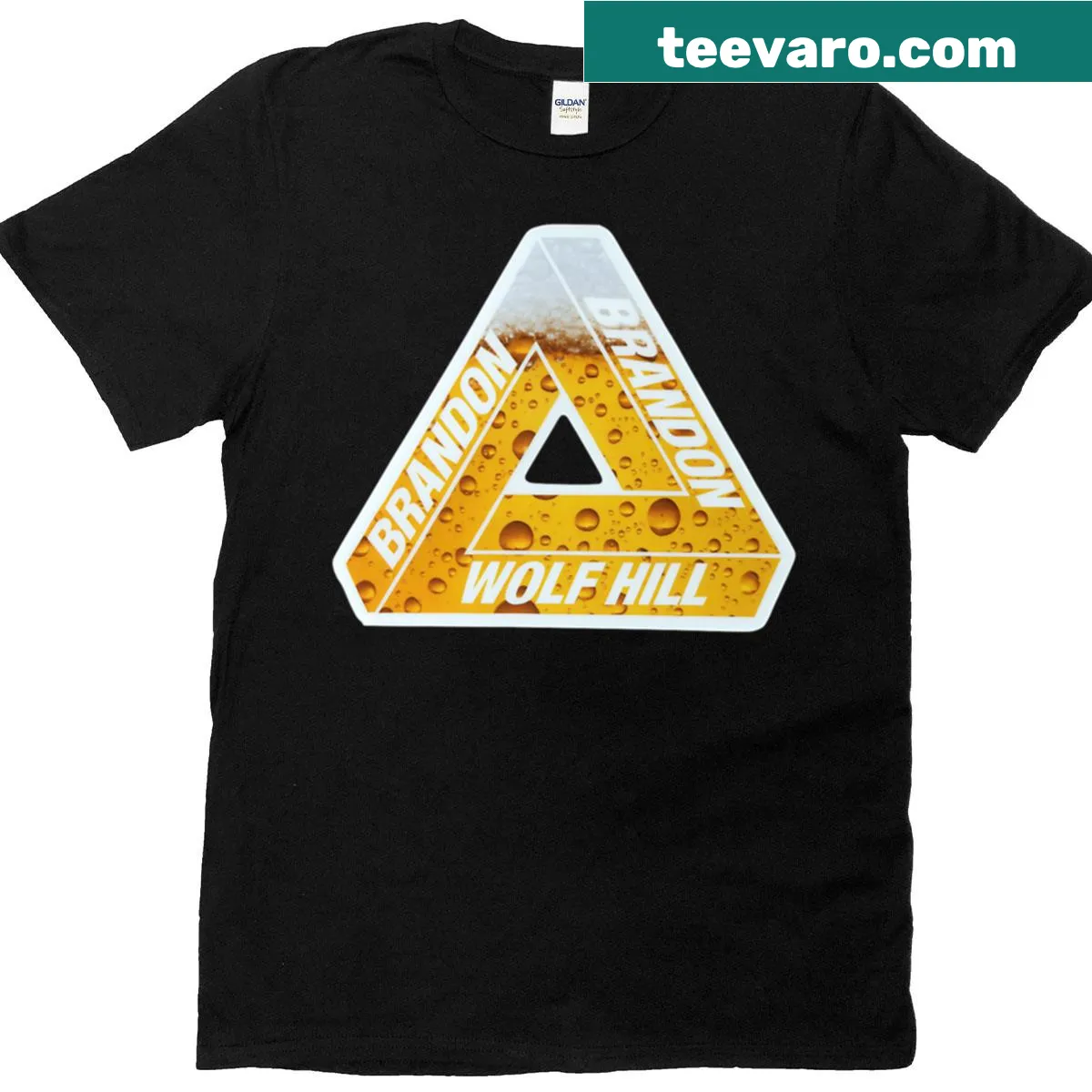 T-shirt featuring the Brandon Wolf Hill Beer Drop triangle logo — on a men's t-shirt