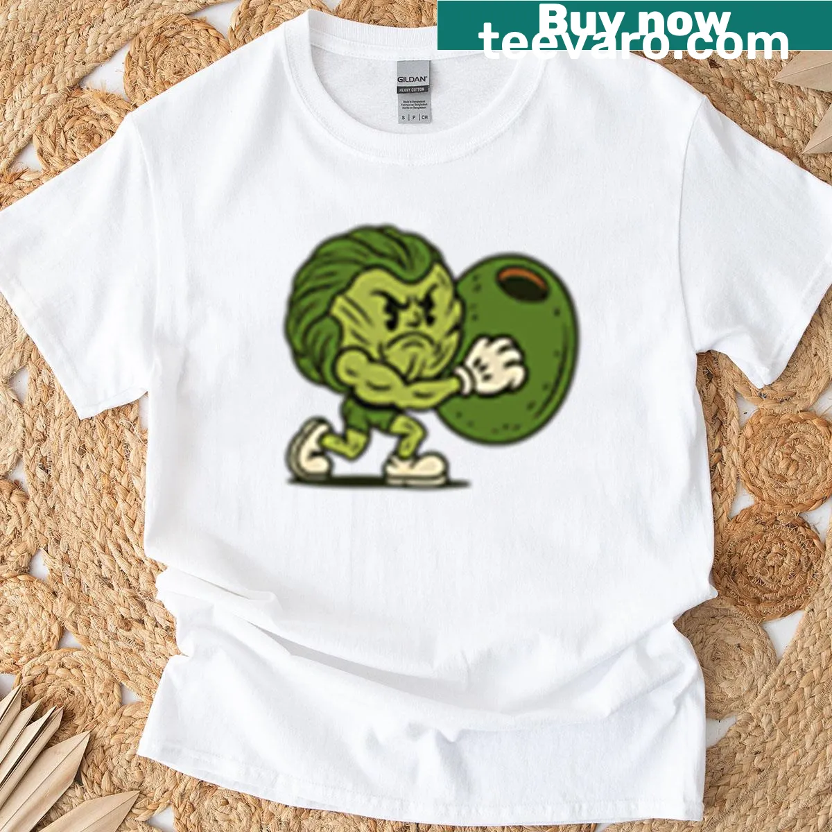 Funny oversized T-shirt with buff Brussels sprout lifting an olive — on a men's t-shirt