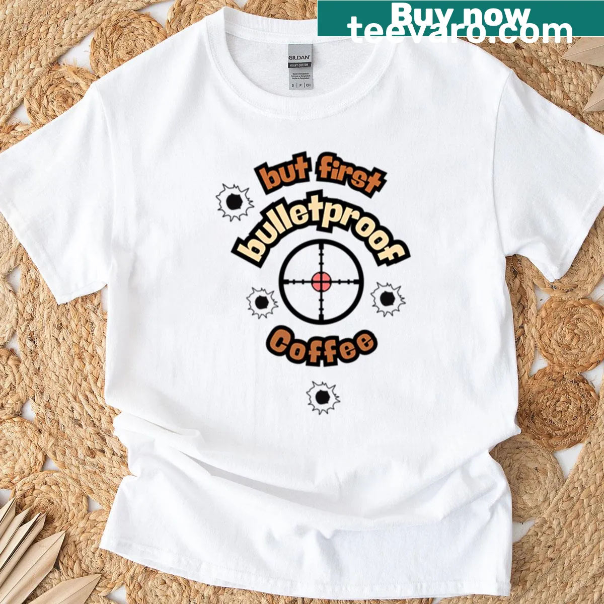 Coffee-themed 'But First Bulletproof Coffee' graphic T-shirt — on a men's t-shirt