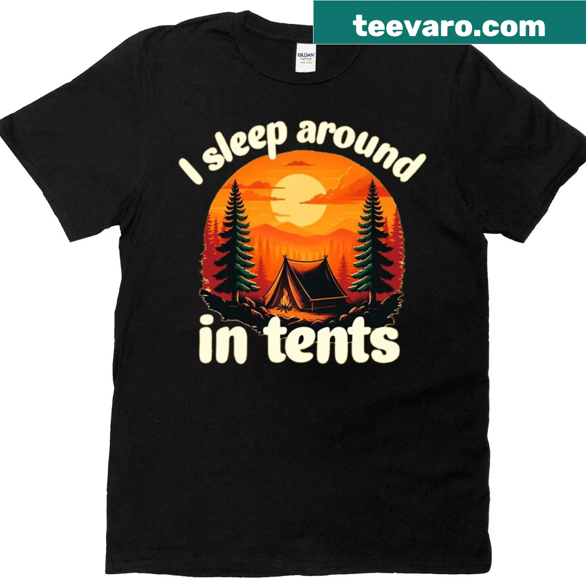 Playful camping t-shirt with the phrase 'Camp Vibes I Sleep Aroundin Tents' — on a men's t-shirt