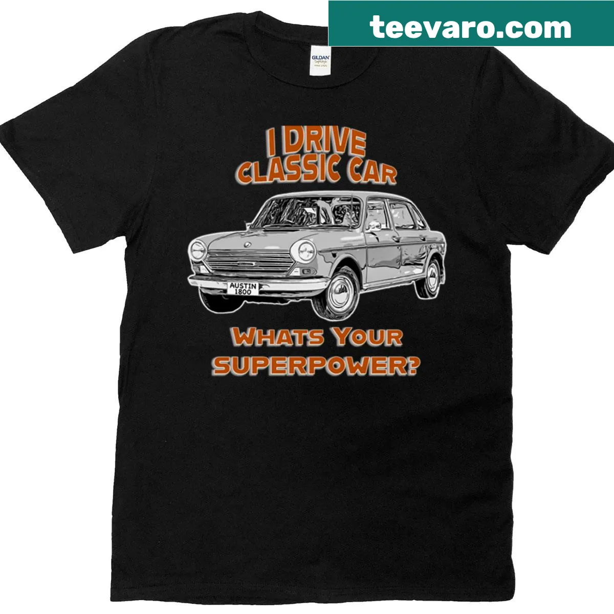 Retro driving quote t-shirt featuring the Austin 1800 — on a men's t-shirt