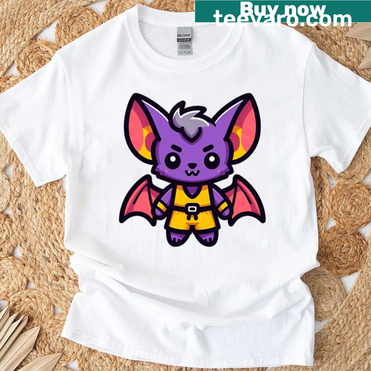 Cartoon bat in purple vest and yellow shorts T-shirt — on a men's t-shirt