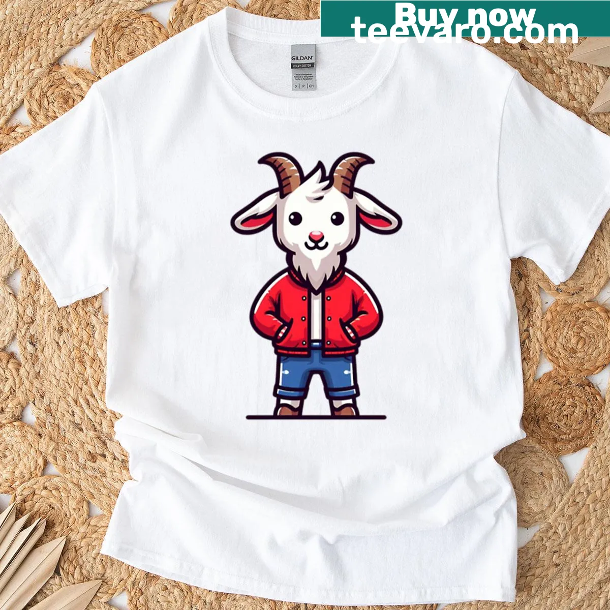 Cartoon goat in a red jacket and indigo pants on a T-shirt — on a men's t-shirt