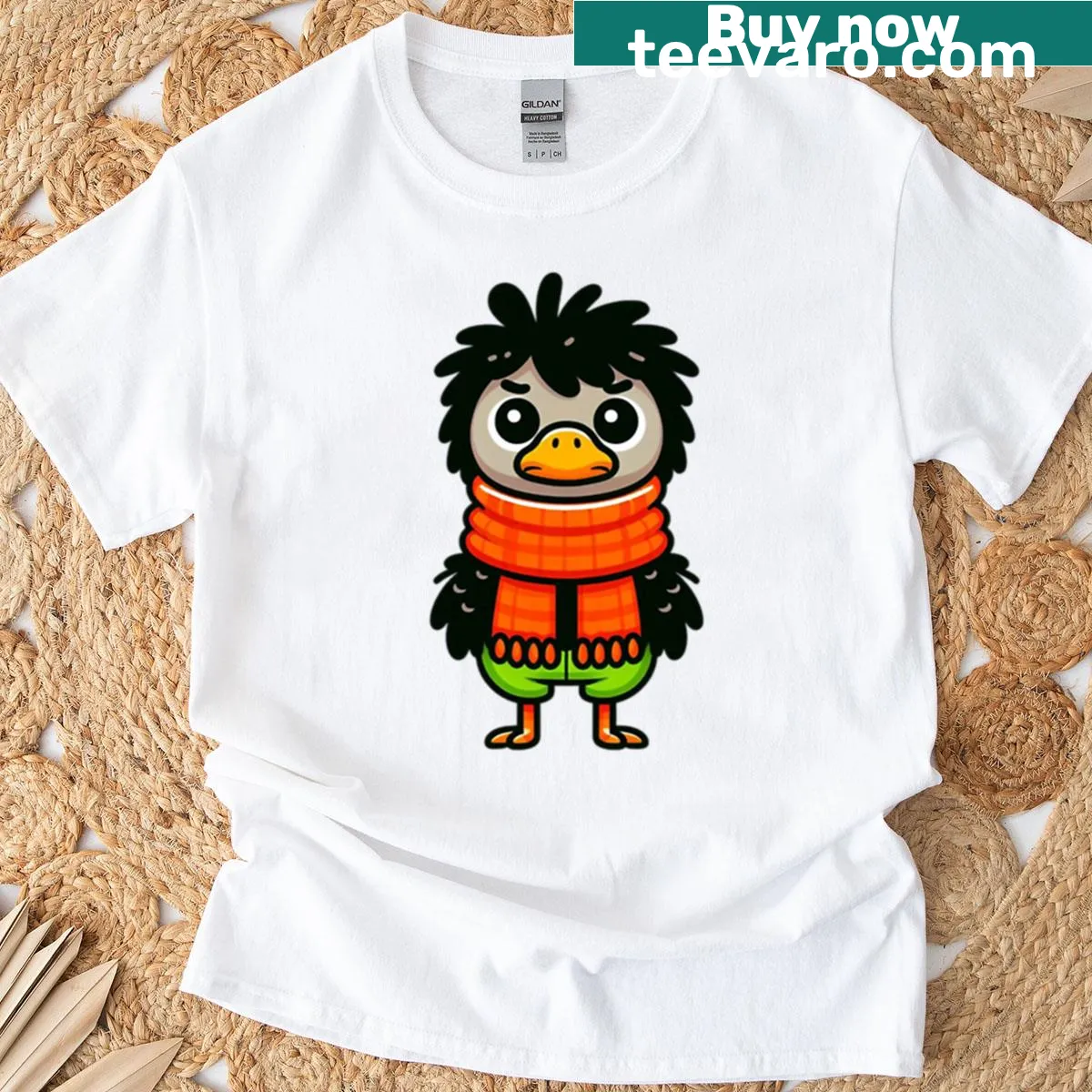 Colorful cartoon ostrich in scarf and pants design on T-shirt — on a men's t-shirt