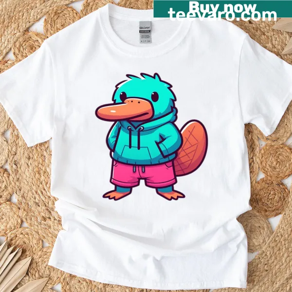 Cartoon platypus in turquoise and pink shorts design on T-shirt