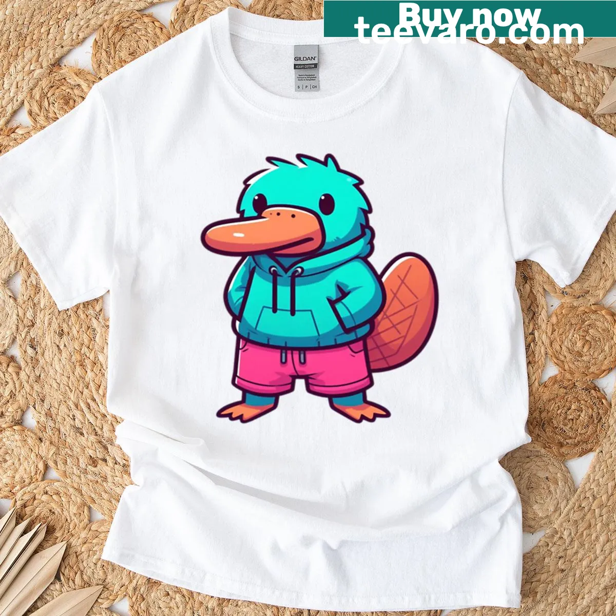 Cartoon platypus in turquoise and pink shorts design on T-shirt — on a men's t-shirt