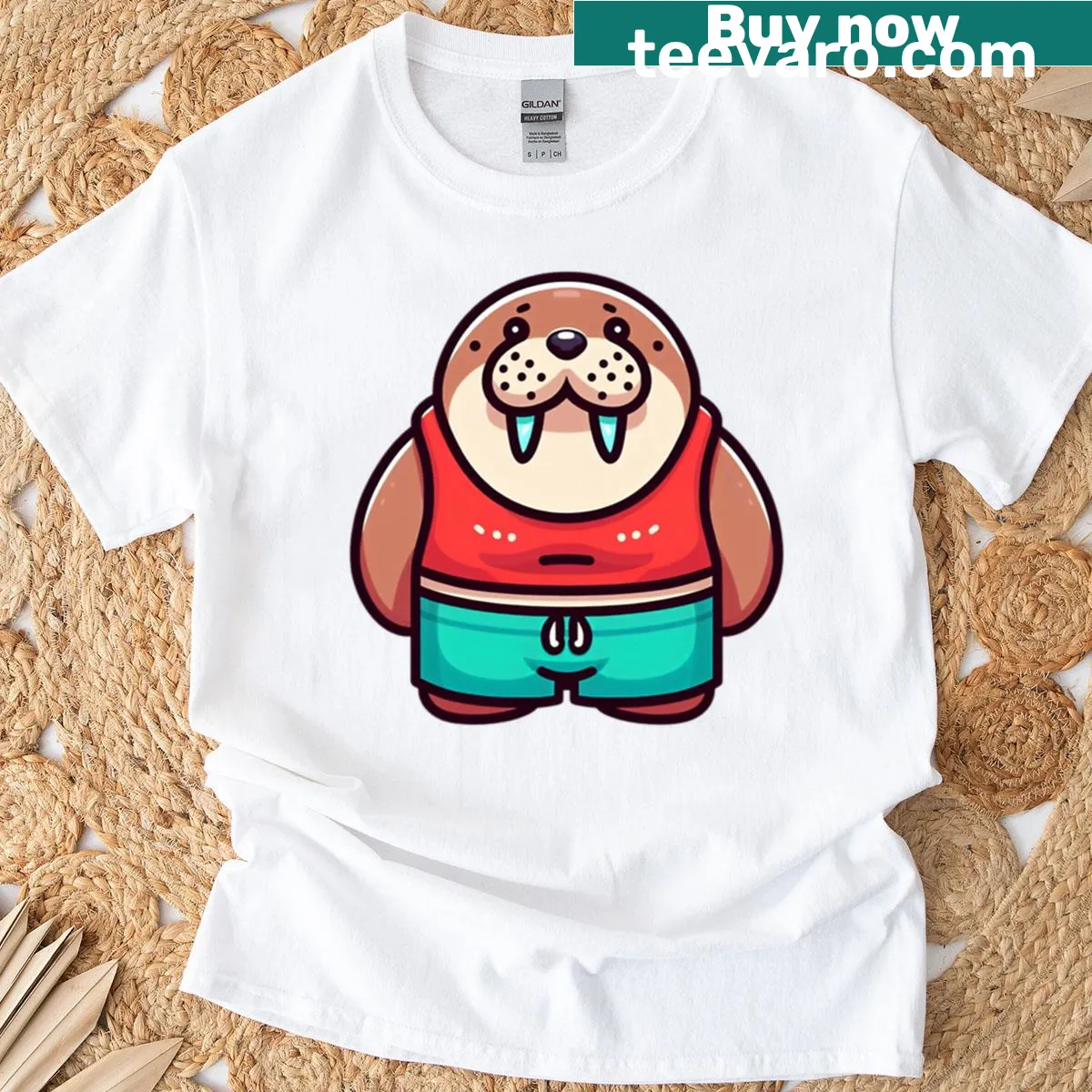 Cartoon walrus in red tank and teal shorts T-shirt — on a men's t-shirt