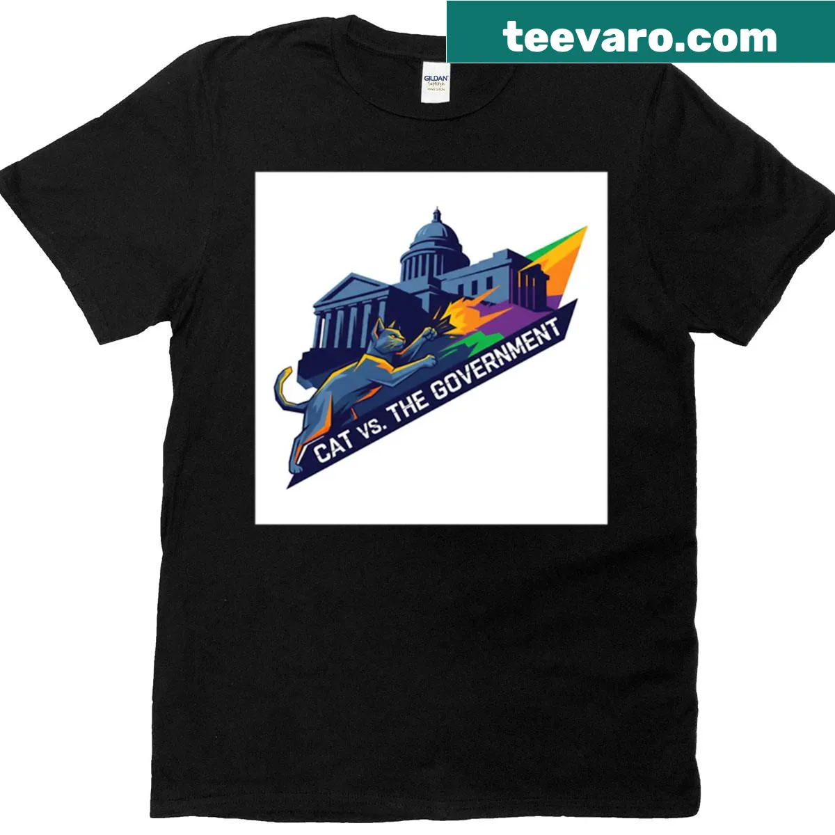 Graphic of a cat humorously opposing the government on a t-shirt — on a men's t-shirt