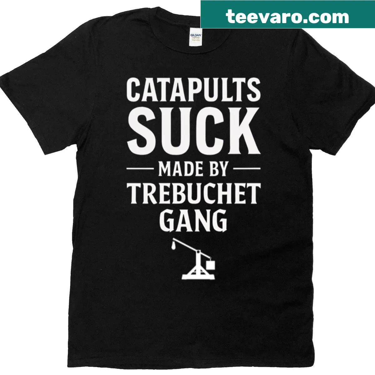 Illustration of a catapult with the text 'Catapults Suck' on a T-shirt — on a men's t-shirt