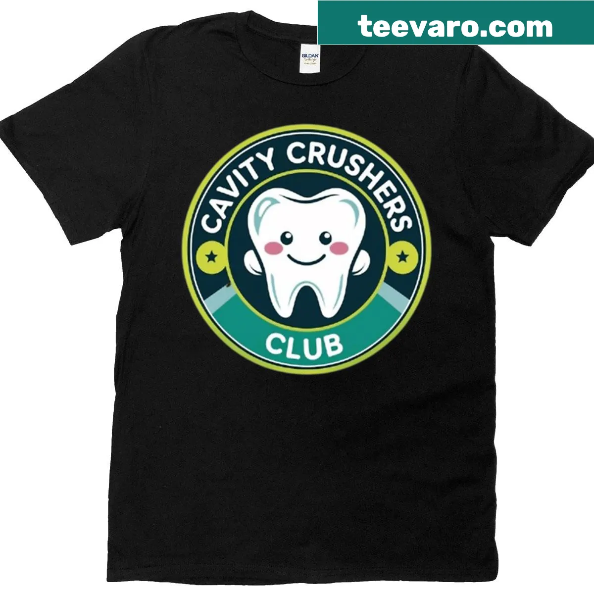 Graphic T-shirt with 'Cavity Crushers Club' text — on a men's t-shirt