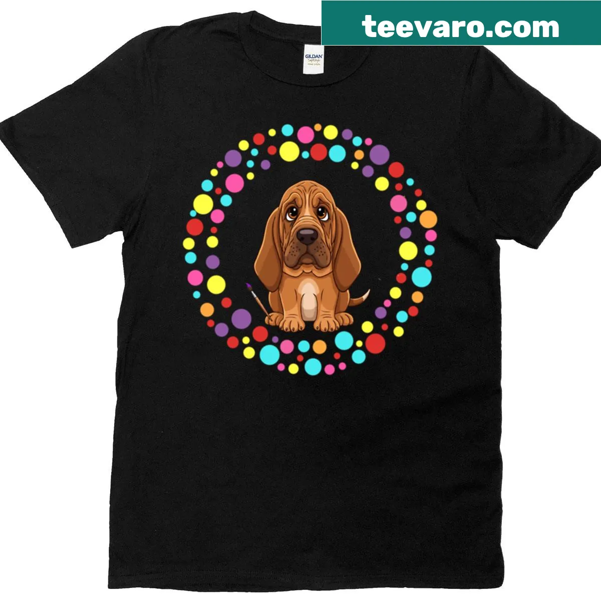 Whimsical bloodhound design t-shirt celebrating Dot Day — on a men's t-shirt