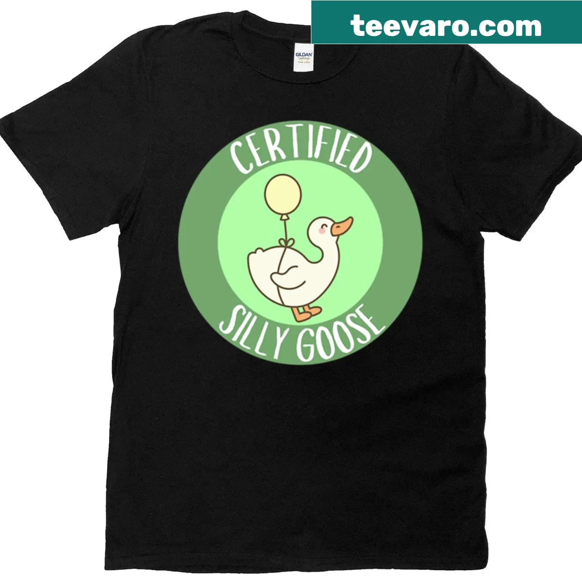 Oversized cartoon of a flying goose with a balloon — on a men's t-shirt