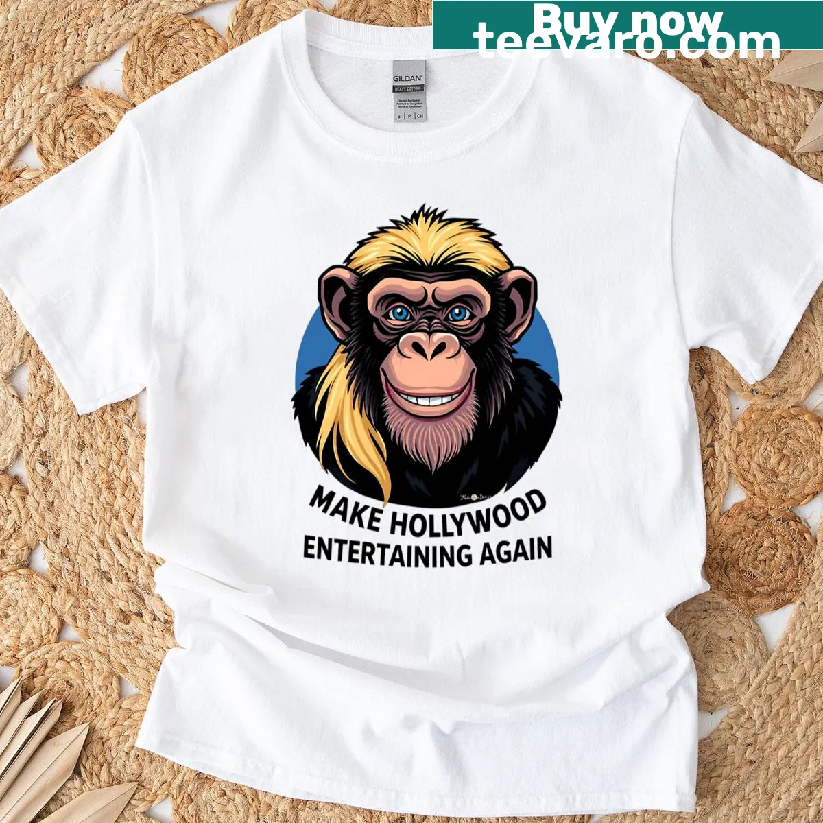 Humorous chimpanzee illustration on an oversized t-shirt — on a men's t-shirt