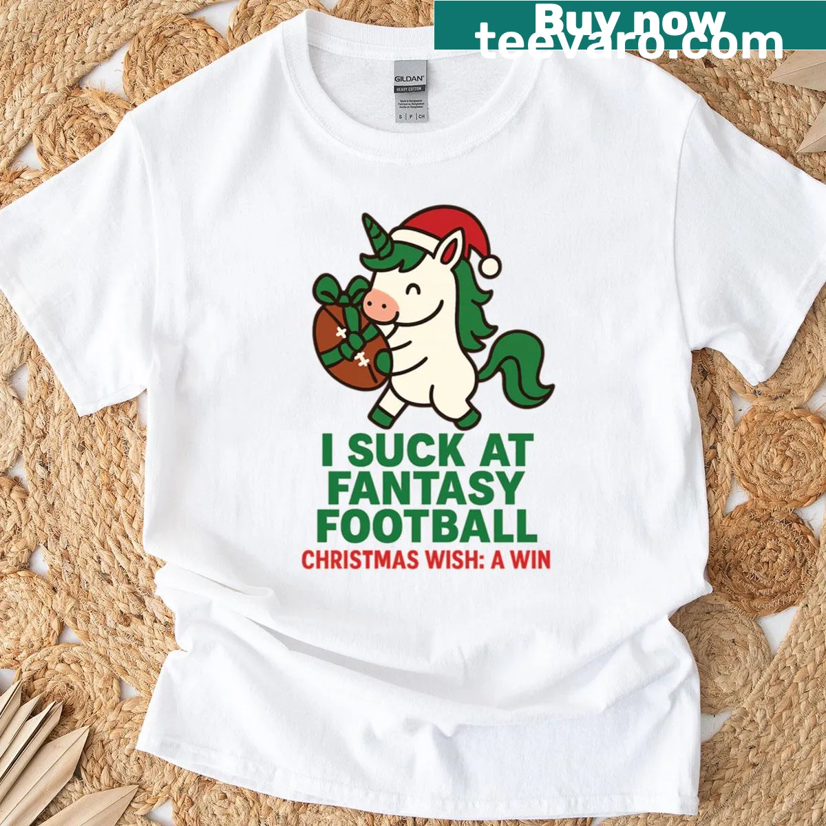 Funny Christmas Fantasy Football t-shirt featuring a unicorn and humorous text — on a men's t-shirt