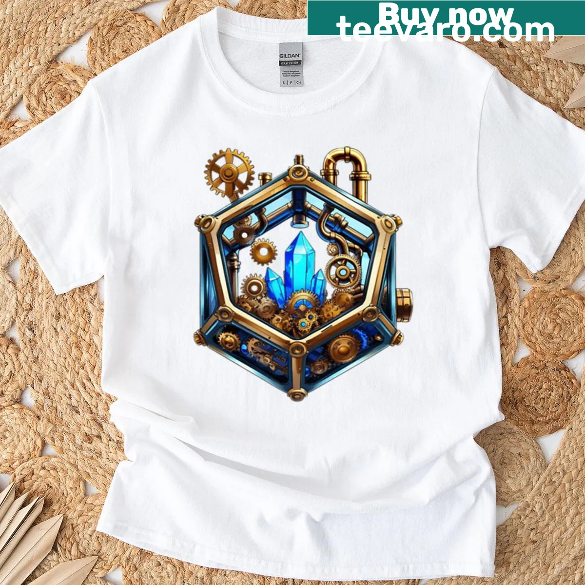 Intricate clockwork dice graphic on a casual T-shirt — on a men's t-shirt