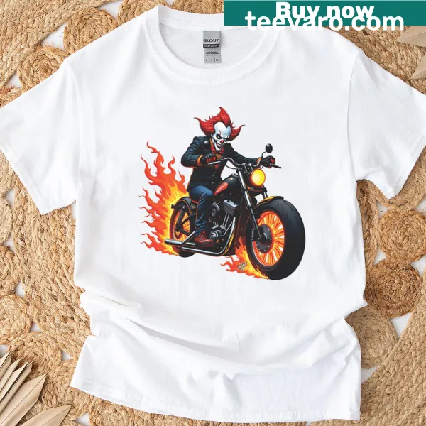 Cartoon clown riding a motorcycle on a t-shirt