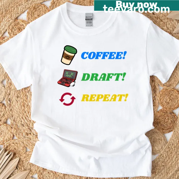 Typographic design of 'Coffee Draft Repeat' T-shirt