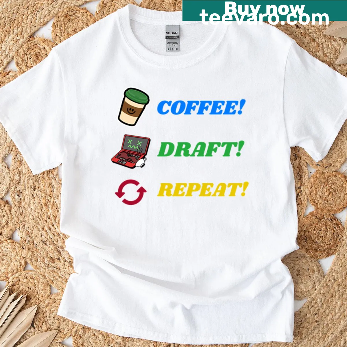 Typographic design of 'Coffee Draft Repeat' T-shirt — on a men's t-shirt
