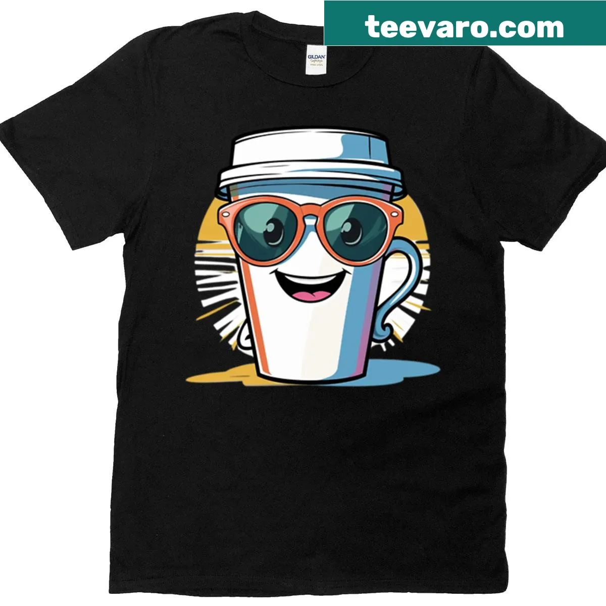 Cool coffee cup wearing sunglasses graphic on a t-shirt — on a men's t-shirt