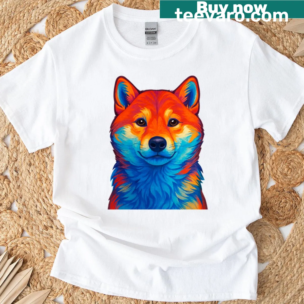 Pop art portrait of Shiba Inu on a colorful t-shirt — on a men's t-shirt