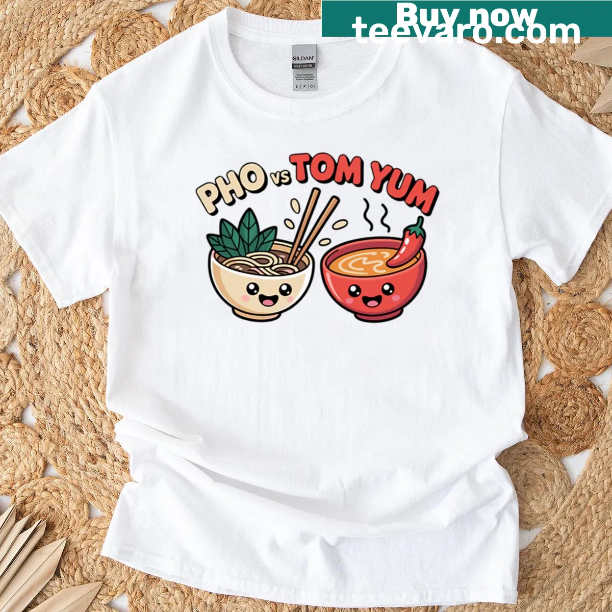 Funny noodle fight t-shirt with Pho and Tom Yum typography graphic — on a men's t-shirt
