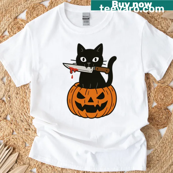 Cute Halloween black cat design on a boxy t-shirt