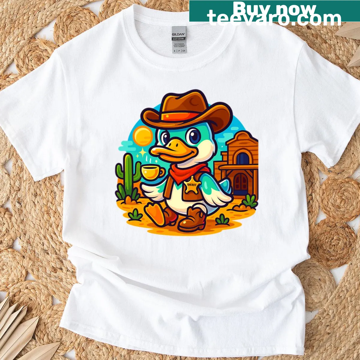 Cartoon cowboy duck sheriff with coffee on a t-shirt — on a men's t-shirt
