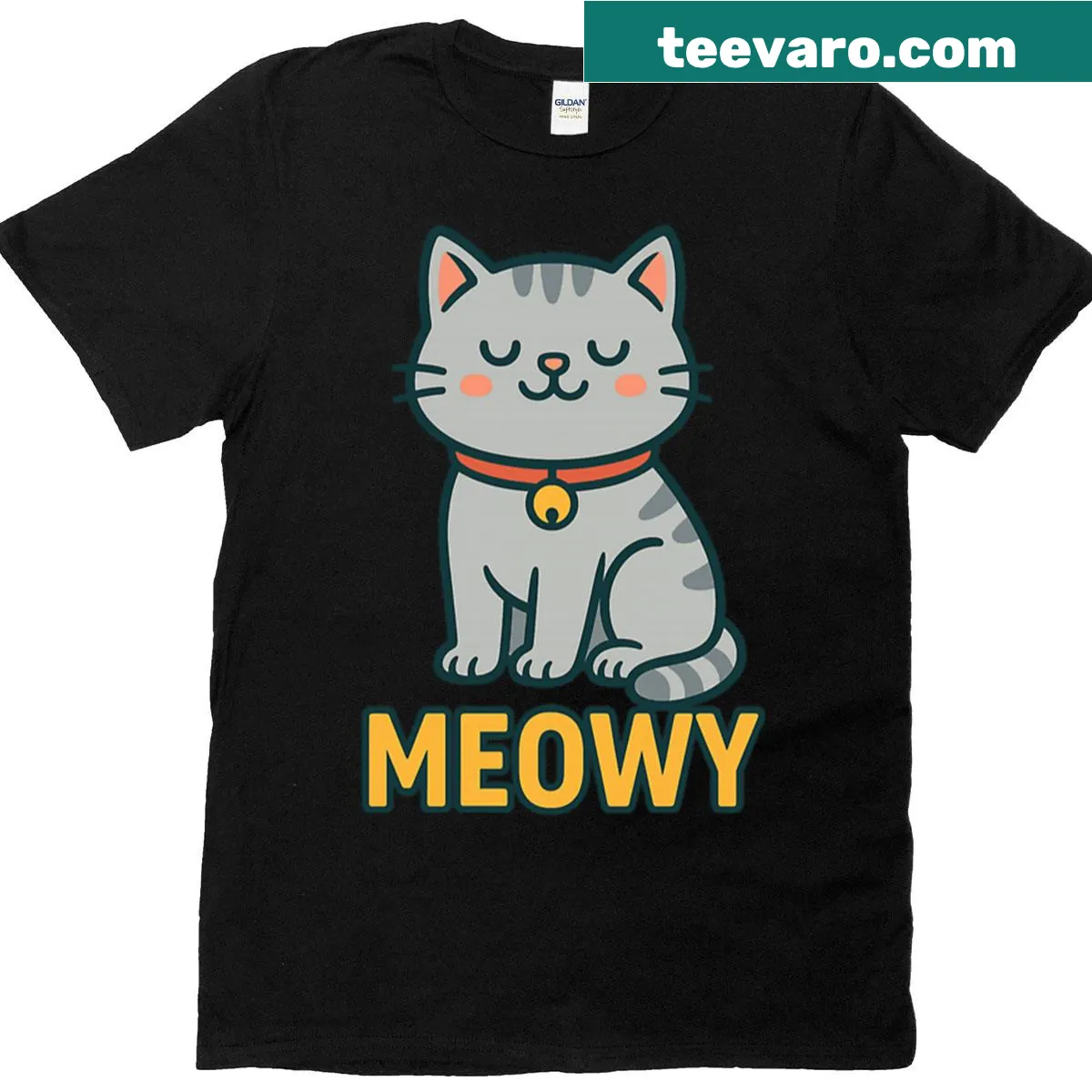 Cute cat illustration with meowy text on t-shirt — on a men's t-shirt