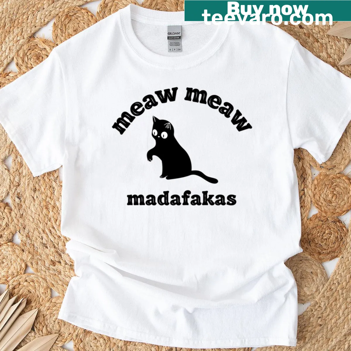 Cute cartoon cat with 'Meaw Meaw' text on a t-shirt — on a men's t-shirt