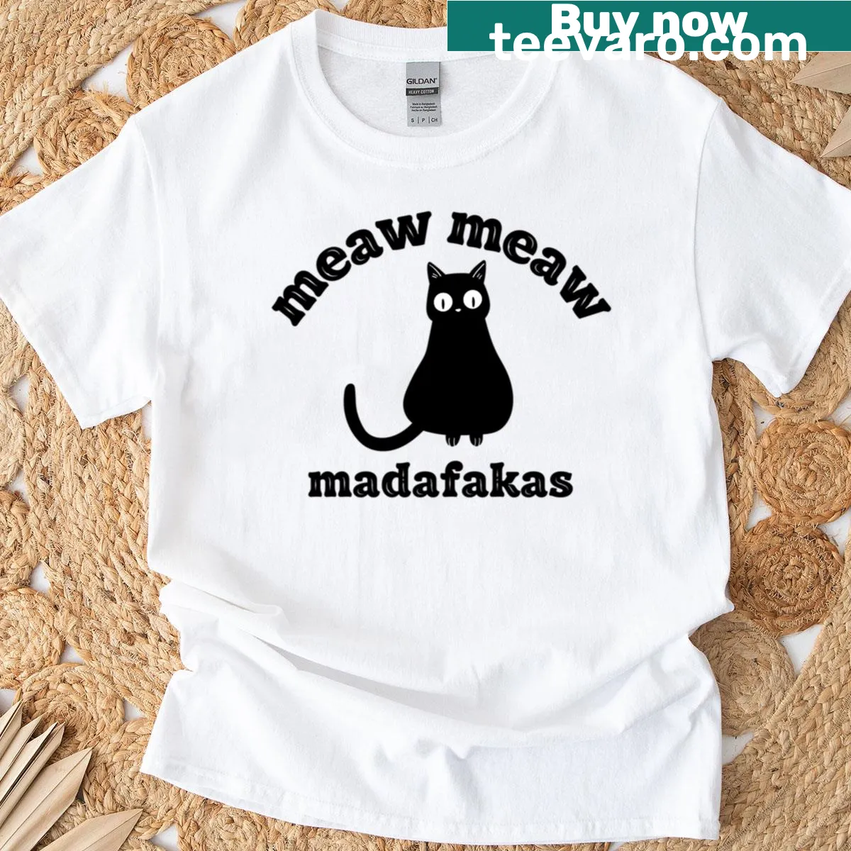 Cute cat with 'Meaw Meaw' text design T-shirt — on a men's t-shirt