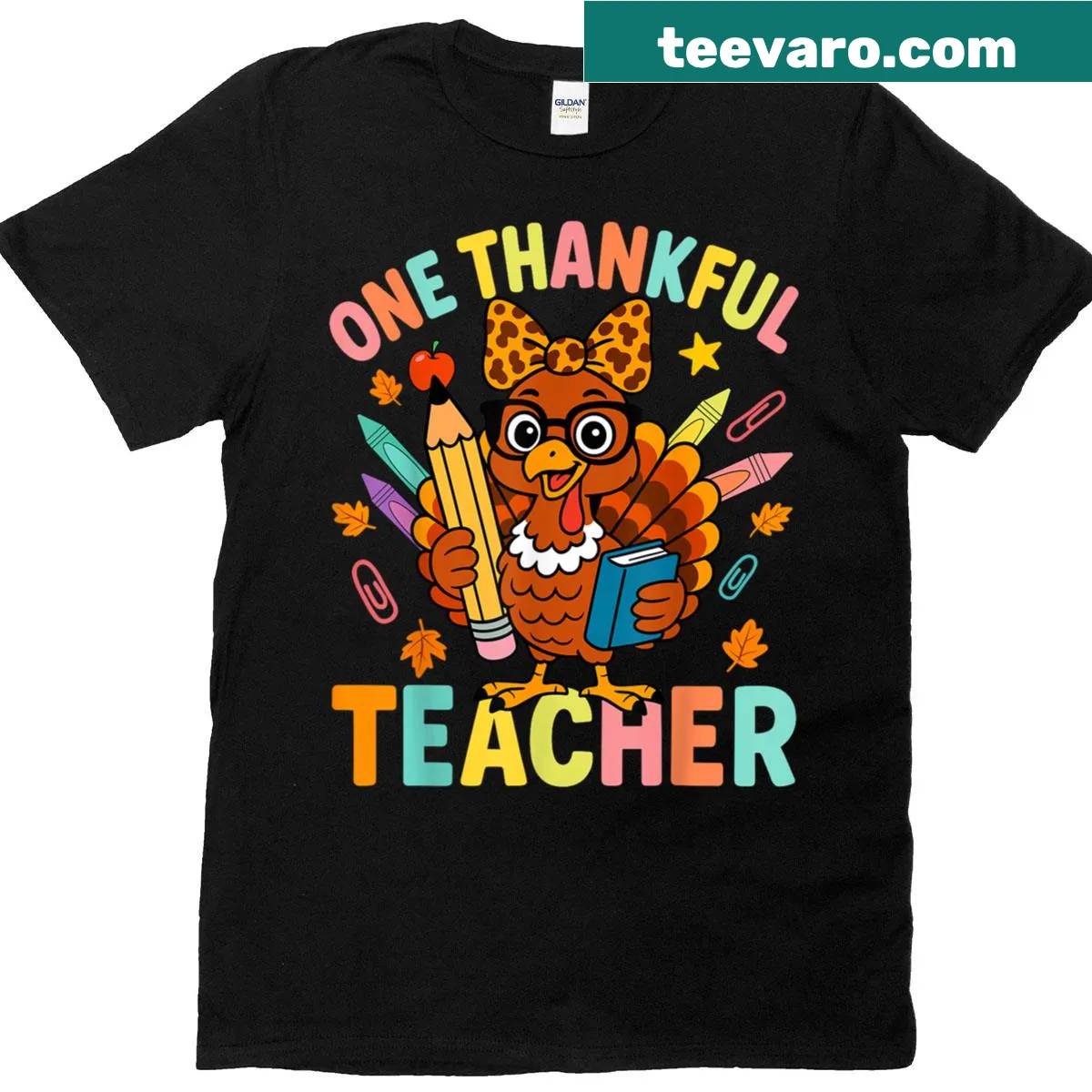 Thankful teacher turkey graphic on t-shirt — on a men's t-shirt