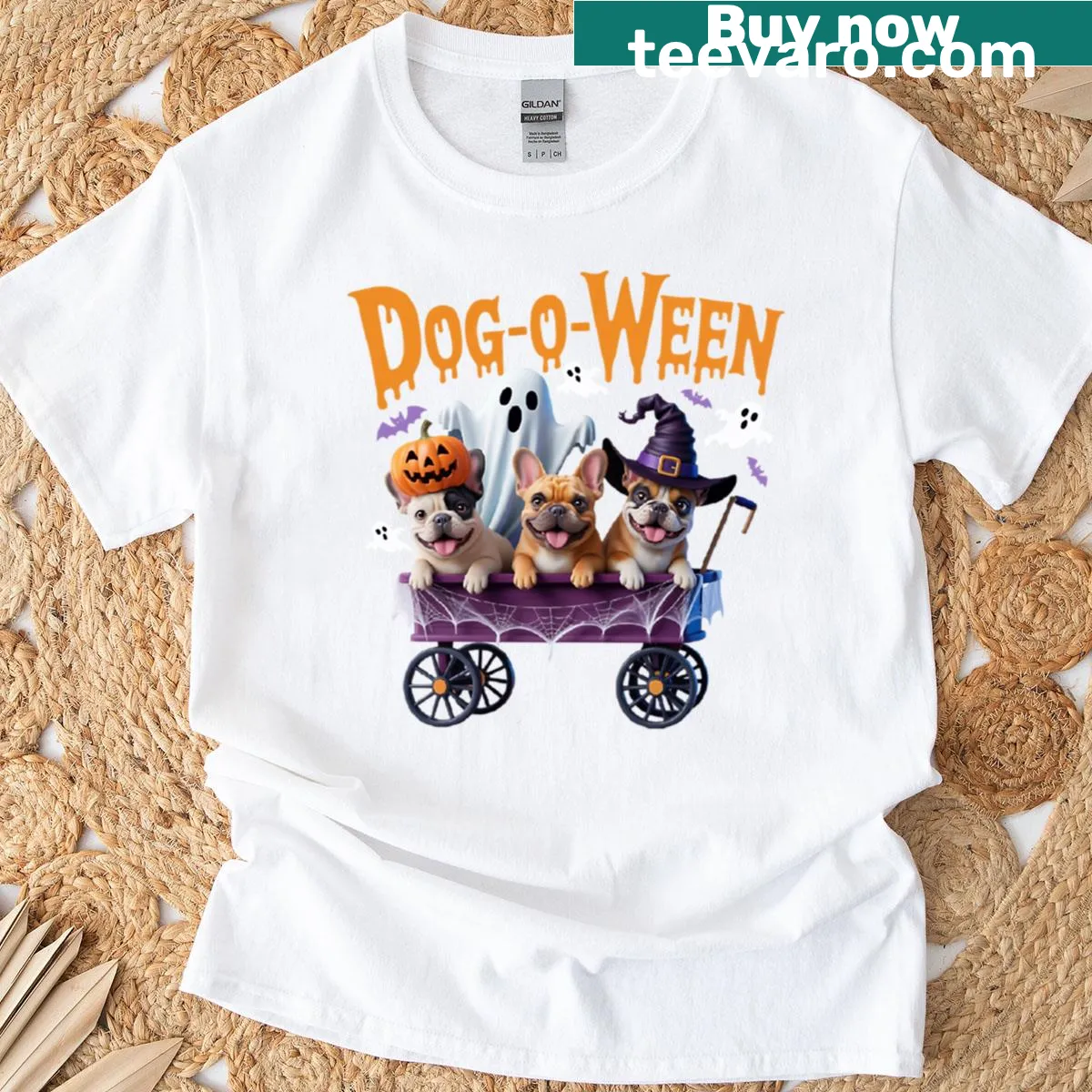 Cute French Bulldog in pumpkin costume for Halloween on a t-shirt — on a men's t-shirt