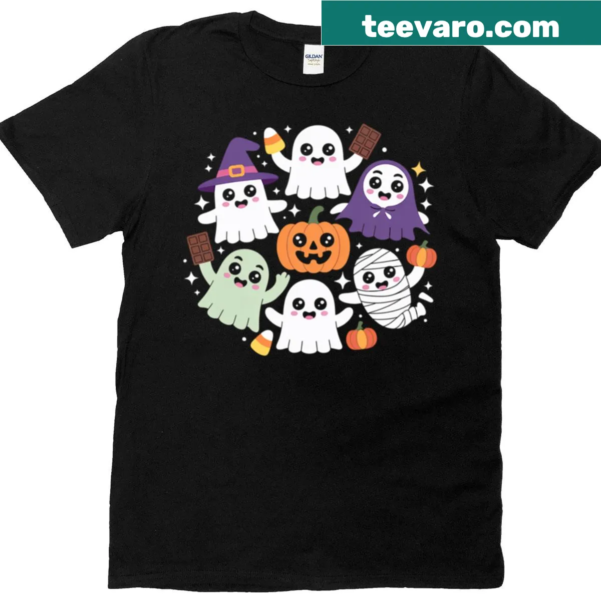 T-shirt with cute cartoon ghosts and pumpkins for Halloween — on a men's t-shirt