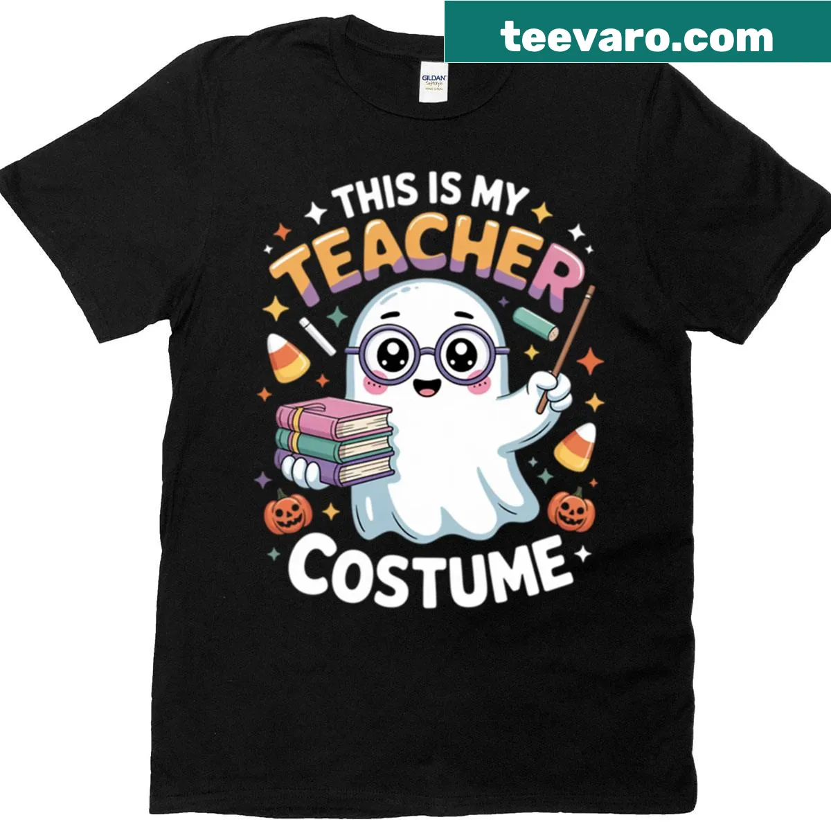 Cute kawaii ghost teacher t-shirt for Halloween — on a men's t-shirt