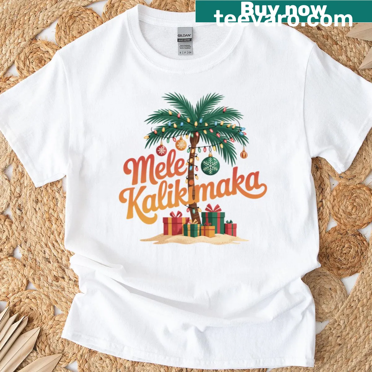 Kawaii palm tree Christmas t-shirt with festive decorations — on a men's t-shirt