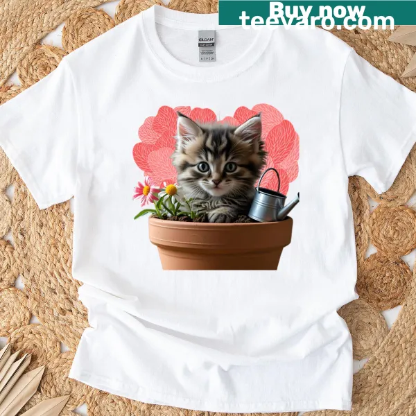 Adorable t-shirt featuring a kitten in a pot