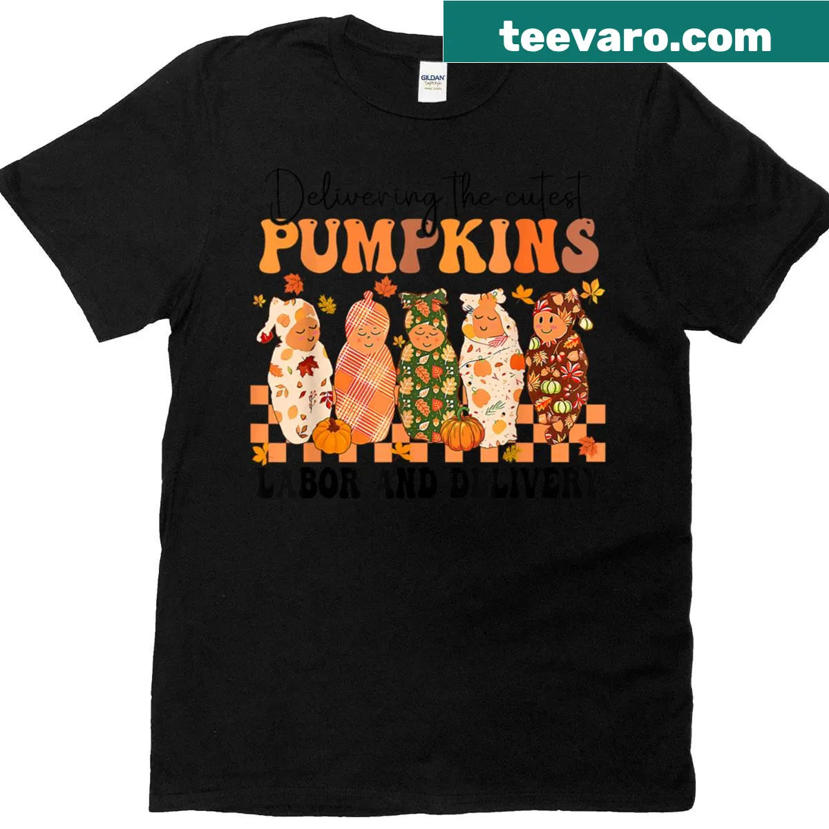 Cute pumpkin graphic with 'Delivering The Cutest Pumpkins' on a nurse t-shirt — on a men's t-shirt